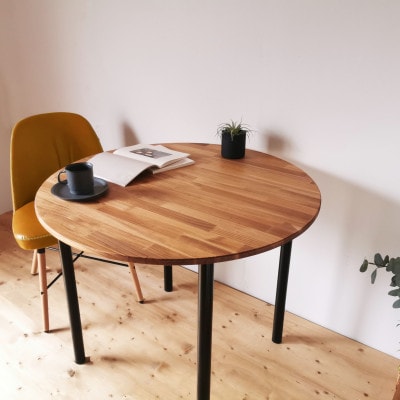 天然木のラウンド型ダイニングテーブル / オイル+ウレタン仕上げ / 90cm / 工具不要