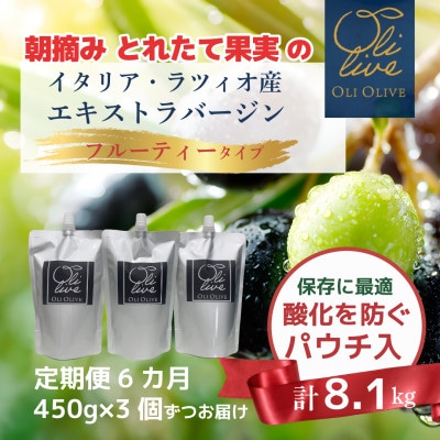 【毎月定期便】朝摘み ラツィオ産エキストラバージンオリーブオイル 450g×3個全6回
