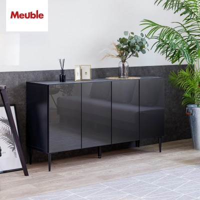 サイドボード 幅145cm リスボン グラスブラック×マーブルブラック【モーブル/大川家具】