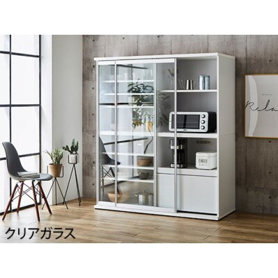 引き戸レンジ台 キッチンボード 幅153.5cm ポエム【カラー:ホワイト、扉:クリアガラス】