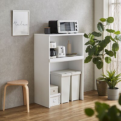 ゴミ箱上の空間も有効活用するレンジ台 幅79cm スイム (ダストタイプ)【カラー:ホワイト】