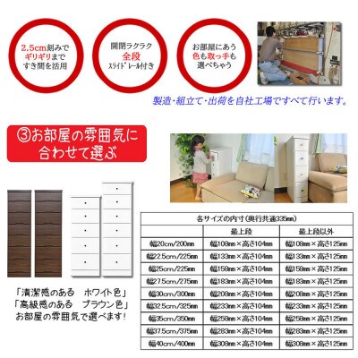 完成品でお届け全段スライドレール付で気になるすきまにぴったり収納タンス (22.5cm幅4段ソピア)