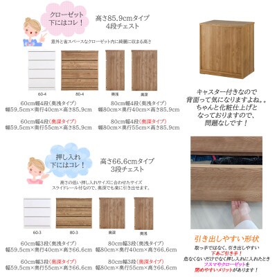 キャスター付き 奥行55cm 60cm幅3段コフレ ホワイト