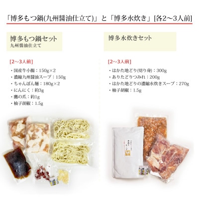 博多の人気2大鍋のセット「九州醤油もつ鍋」と「博多水炊き(切り身)」各2～3人前(大川市)