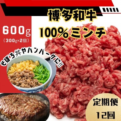【毎月定期便】博多和牛100%ミンチ(挽肉) 訳あり 600g(300g×2個)(大川市)全12回