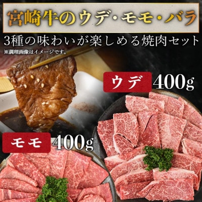 宮崎牛 焼肉 3種セット(ウデ・モモ・バラ)合計1.2kg(国富町)