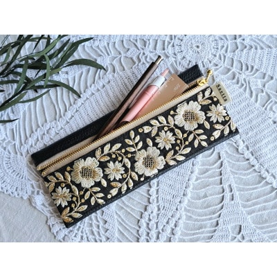 インド刺繍とレザーのペンケース / ブラック
