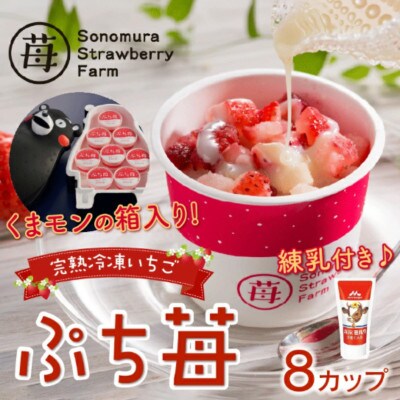 熊本県宇土産 完熟冷凍いちご「ぷち苺」8カップ in くまモン 練乳付き 園村苺園