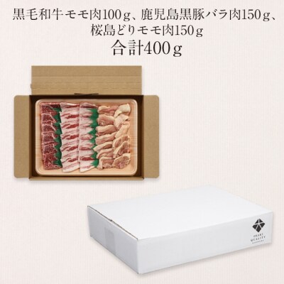 鹿児島黒牛 和牛モモ肉、鹿児島黒豚バラ肉、桜島どりモモ肉の2人前セット