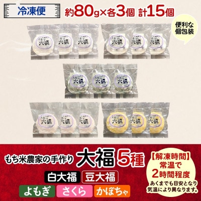 もち米農家の大福 5種 計15個セット (白大福・豆・よもぎ・さくら・かぼちゃ)