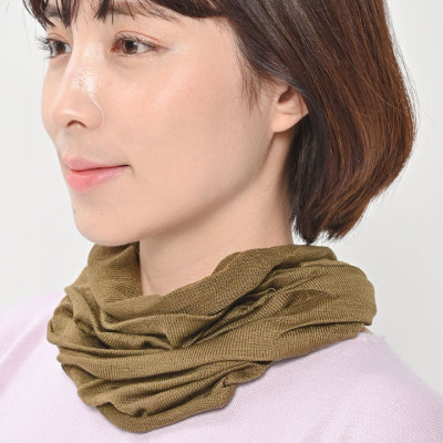 日本製 シルク100% スヌード 筒形 耳穴4穴 ネックウォーマー(オリーブ) (741-7590)
