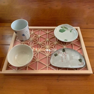よしの組子トレー(麻の葉・薄ピンク) 40cm×30cm×2cm