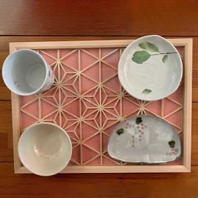 よしの組子トレー(麻の葉・薄ピンク) 40cm×30cm×2cm