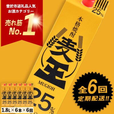 【毎月届くわくわく定期便(焼酎)】麦焼酎「麦王パック25%」1,800ml×6本　合計6回