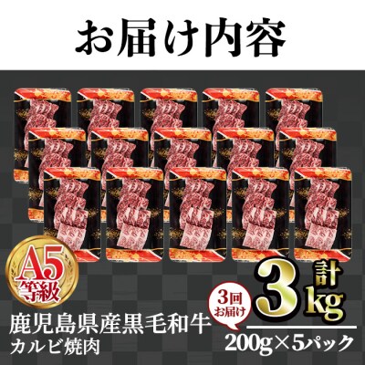 【3回定期】A5等級鹿児島県産黒毛和牛カルビ焼肉1kg