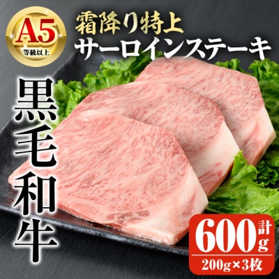 鹿児島県産A5等級以上黒毛和牛・霜降り特上サーロインステーキ計600g(200g×3枚)