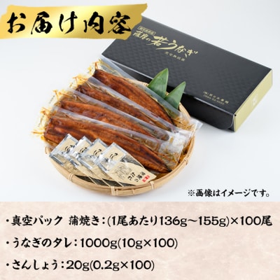 鹿児島県産うなぎ蒲焼 (1尾あたり136g〜155g×100尾、タレ・山椒付き)