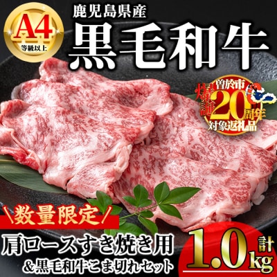 鹿児島県産黒毛和牛A4等級以上肩ロースすき焼き用合計1.0kg・黒毛和牛こま切れ250g×2P