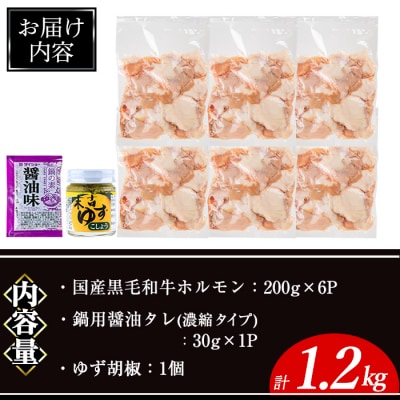 黒毛和牛ホルモン(200g×6P)/醤油タレ1P/ゆず胡椒1個