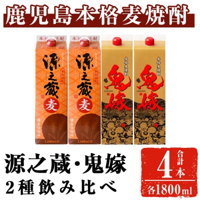 岩川醸造 本格麦焼酎飲み比べ1800mlパック(源之蔵、鬼嫁:各1800ml×2本) 合計4本
