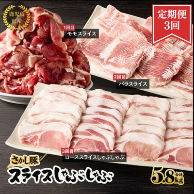 【毎月定期便】鹿児島県 鹿屋産 さかし豚 モモ・バラ・ロースのスライス3種しゃぶしゃぶコース♪全3回