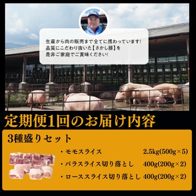 【毎月定期便】鹿児島県 鹿屋産 さかし豚 3種盛 A 3.3kg 真空包装 小分け全3回