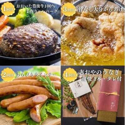 贅沢ごちそう定期便 計4回(ハンバーグ、からあげ、ウインナー、うなぎ蒲焼)