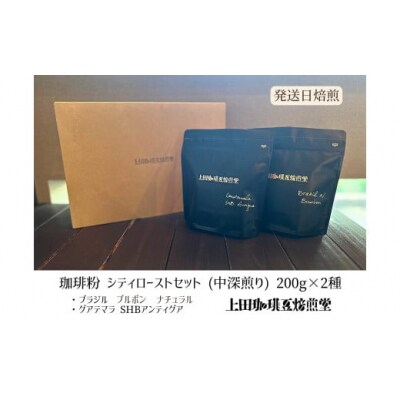 【上田珈琲豆焙煎堂】珈琲豆中深煎りセット 200g×2種セット【粉】