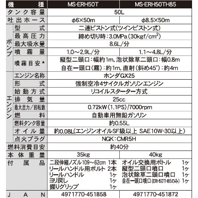 エンジン式50Lタンクキャリー動噴　MS-ERH50T　6mm×50mホース　ホンダエンジン