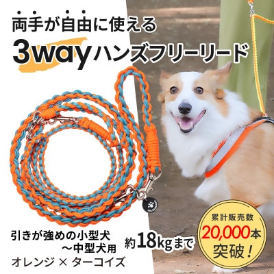 【犬用】3WAYハンズフリーリード(引きが強めの小型～中型犬)オレンジ×ターコイズ【ゴールデンママ】