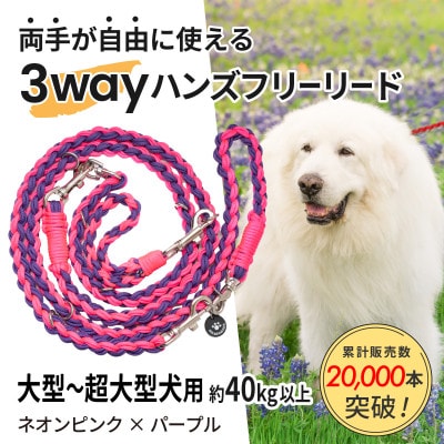 【犬用】3WAYハンズフリーリード(大型～超大型犬用)ネオンピンク×パープル【ゴールデンママ】