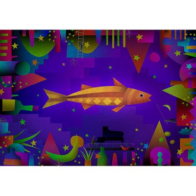 ＼京都・綾部の癒やし系作家/【絵画】　魚と夜　　額装サイズ526mmx412mm