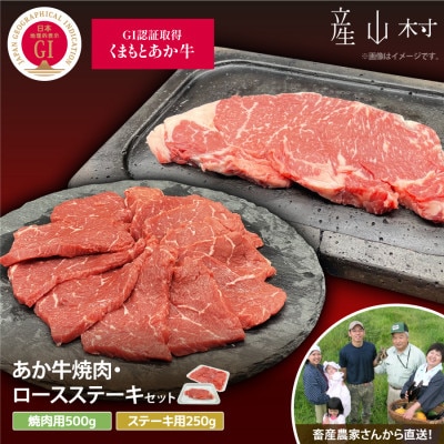 生産者直送!GI認証　くまもとあか牛焼き肉用(500g)・ロースステーキ(250g)セット
