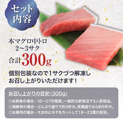 本マグロ中トロ　約300g　解凍レシピ付き　1サクずつ真空包装