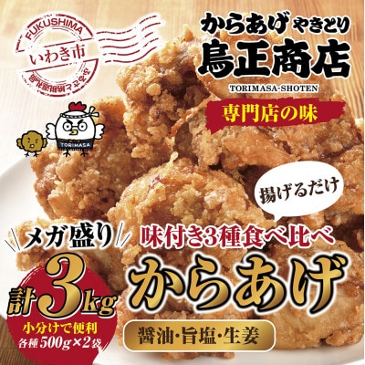 唐揚げ専門　食べ比べ唐揚げ下味付き　合計3kg(醤油・旨塩・生姜　各500g×2袋)