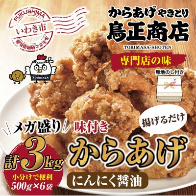 【無地熨斗】唐揚げ専門店　にんにく醤油の唐揚げ　下味付き　合計3kg(500g×6袋)