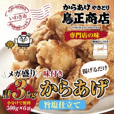 【無地熨斗】唐揚げ専門店　旨塩仕立ての唐揚げ　下味付き　合計3kg(500g×6袋)