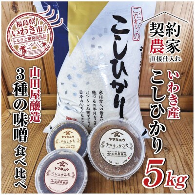 【米・味噌セット】福島県いわき市産コシヒカリ5kg精米　いわき市山田屋醸造3種の味噌　食べ比べセット