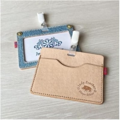 福山デニムとジビエレザーの名札・IDカードケース(ライトブルー)