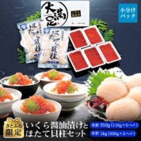 さとふる限定【いくら醤油漬け】約110g×5パックと【急速冷凍ほたて貝柱】約500g×2パック