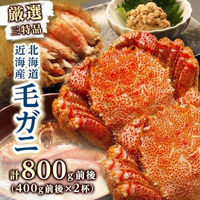 2023年8月発送開始『定期便』厳選3特品 北海道近海産毛ガニ400g前後×2杯 全3回