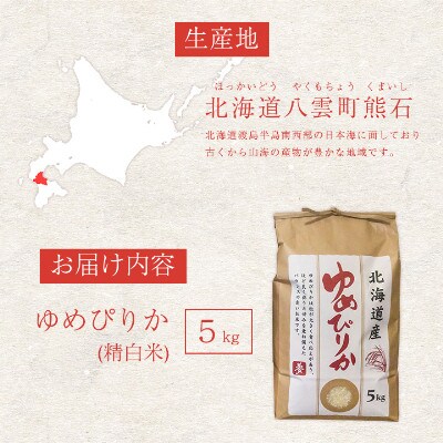 【毎月定期便】【北海道八雲町熊石産】ゆめぴりか5kg(精白米)全3回