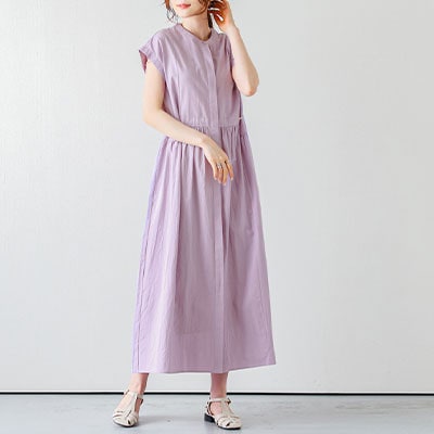 日本製 タックワンピース フレンチスリーブ(ラベンダー / フリーサイズ)
