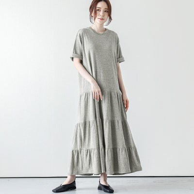 日本製 ティアードロングワンピース【lstp203-411】(グレー / Mサイズ)