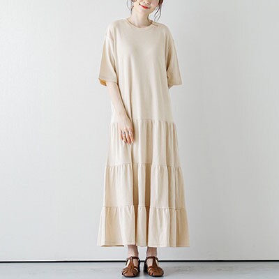 日本製 ティアードロングワンピース【lstp203-411】(ベージュ / Lサイズ)