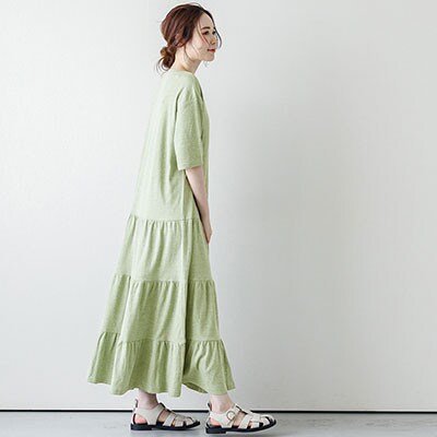 日本製 ティアードロングワンピース【lstp203-411】(グリーン / Lサイズ)