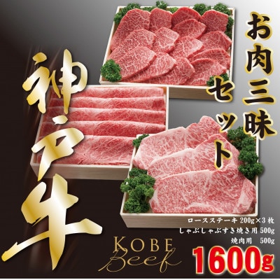神戸ビーフ　お肉三昧セット　ロースステーキしゃぶしゃぶすき焼き用焼肉用　合計1600g　YBLS10