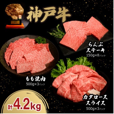 神戸牛贅沢パーティーセットA　すき焼き・焼肉・らんぷステーキ計4.2Kg牛脂付き