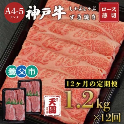 【毎月定期便】【ふるさと納税】神戸牛 霜降り 肩ロース しゃぶしゃぶすき焼き1200g×全12回