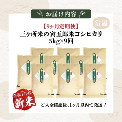 【9か月定期便】【令和7年産 新米】三ヶ所米の寅五郎米コシヒカリ 45kg(5kg×1個 全9回)
